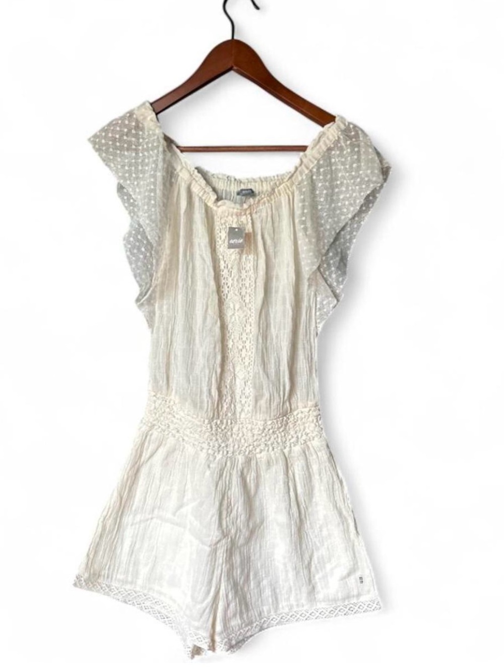 Aerie Lightweight Cream Lace-Trim Muslin Tunic Romper Swim Coverup